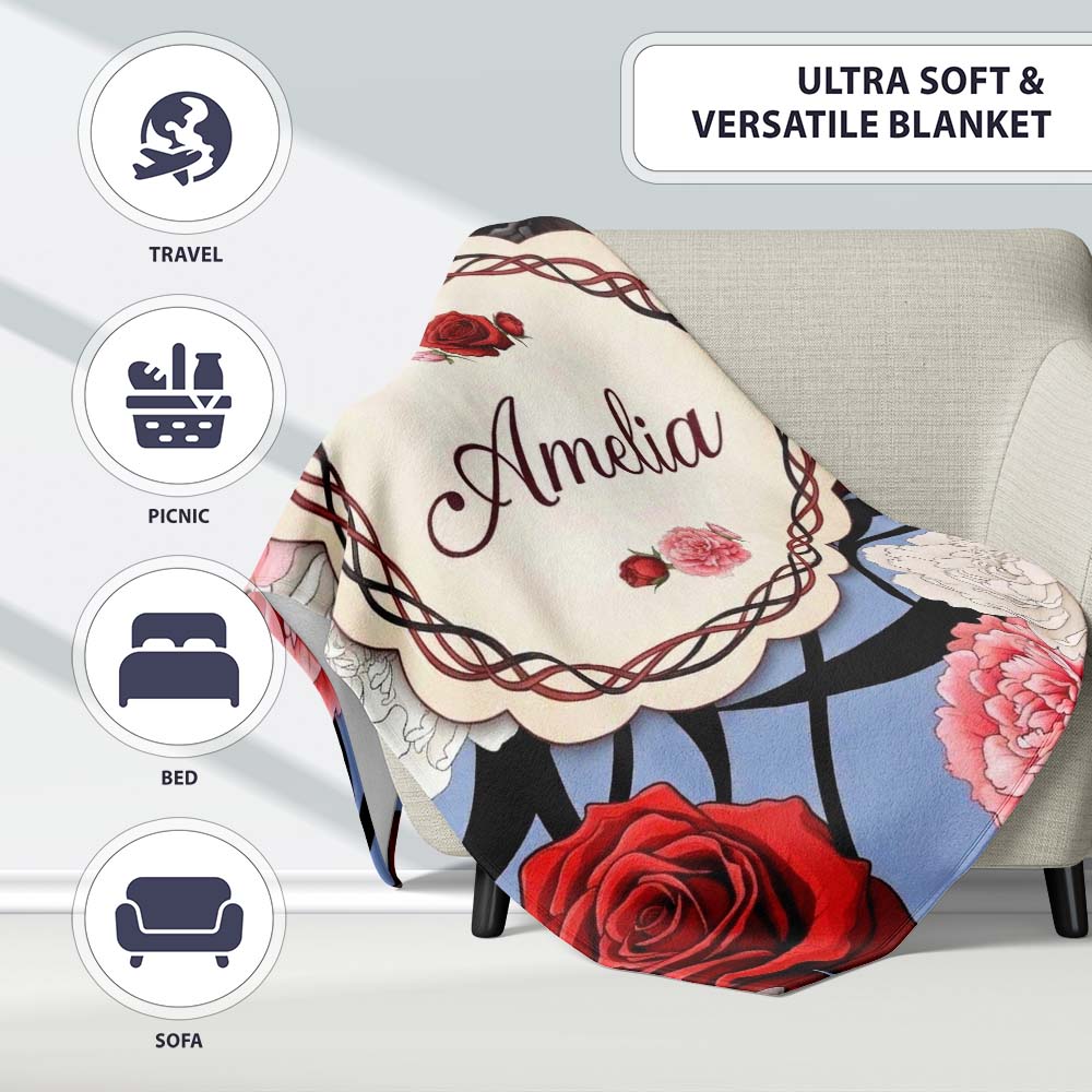 Blue Grey Background Red Black White Roses Peonies Seamless Floral  Personalised Custom Name Super Soft Fleece Blanket Bed Sofa Throw