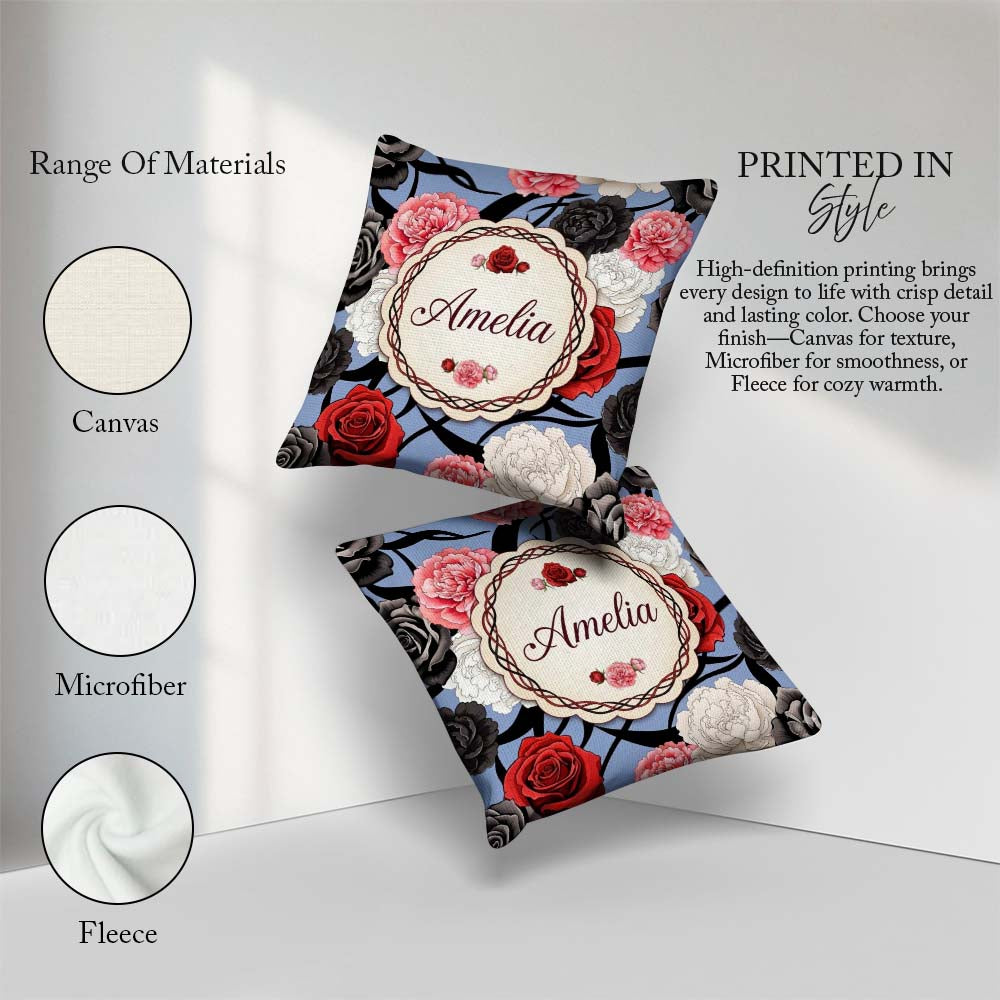 Custom Name Blue Background Red Black White Roses Peonies Floral Square Filled Cushion Throw Pillow Sofa Bed Home Decor Zip Washable UK Made