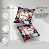 Custom Name Blue Background Red Black White Roses Peonies Floral Square Filled Cushion Throw Pillow Sofa Bed Home Decor Zip Washable UK Made