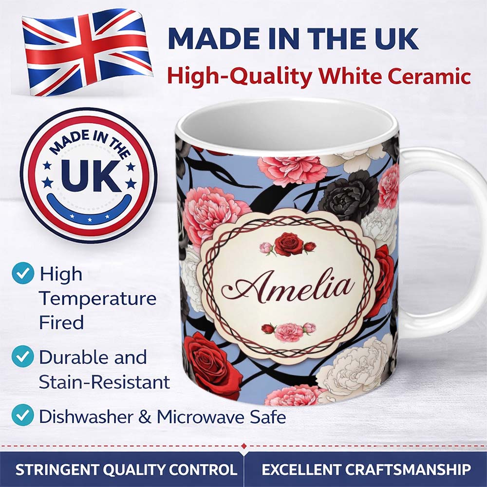 Personalized Custom Name Blue Grey Background Red Black White Roses Peonies Seamless Floral 11oz Ceramic Coffee Tea Mug White Large Handle