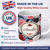 Personalized Custom Name Blue Grey Background Red Black White Roses Peonies Seamless Floral 11oz Ceramic Coffee Tea Mug White Large Handle