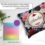 Custom Name Blue Background Red Black White Roses Peonies Floral Square Filled Cushion Throw Pillow Sofa Bed Home Decor Zip Washable UK Made