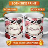 Personalized Custom Name Grey Background Red Black White Roses Peonies Seamless Floral 11oz Ceramic Coffee Tea Mug White Large Handle