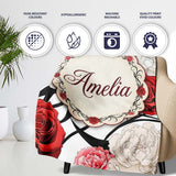 Grey Background Red Black White Roses Peonies Seamless Floral  Personalised Custom Name Super Soft Fleece Blanket Bed Sofa Throw