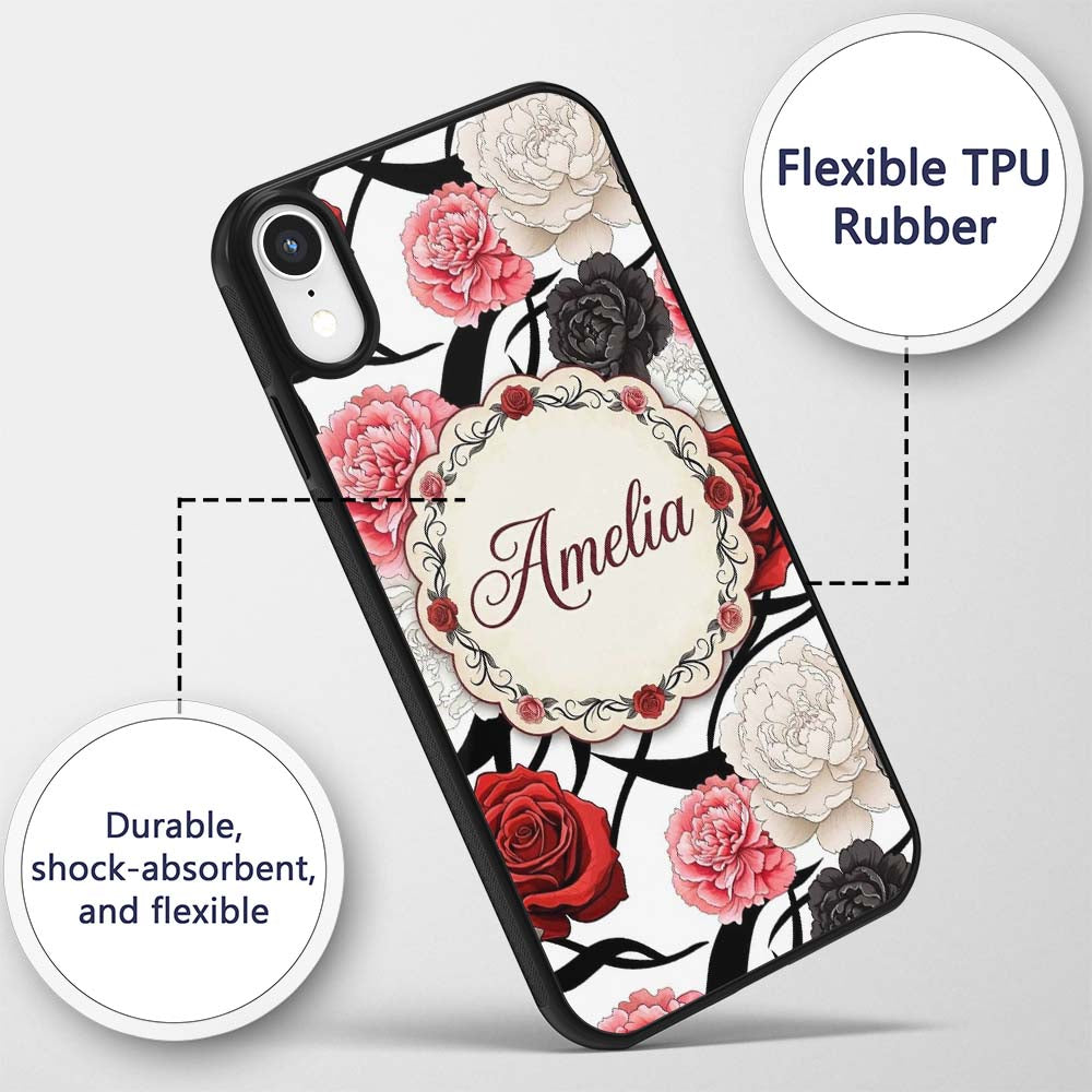 Grey Background Red Black White Roses Peonies Custom Name Protective Phone Case Mobile Cover Durable Everyday Smartphone Shock Resistant