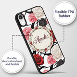 Grey Background Red Black White Roses Peonies Custom Name Protective Phone Case Mobile Cover Durable Everyday Smartphone Shock Resistant
