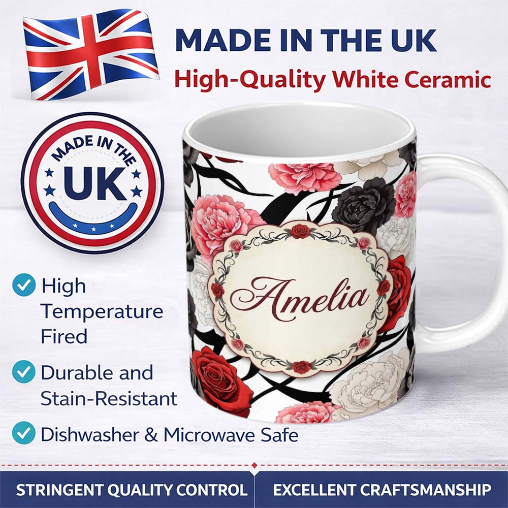 Personalized Custom Name Grey Background Red Black White Roses Peonies Seamless Floral 11oz Ceramic Coffee Tea Mug White Large Handle