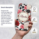 Grey Background Red Black White Roses Peonies Custom Name Protective Phone Case Mobile Cover Durable Everyday Smartphone Shock Resistant
