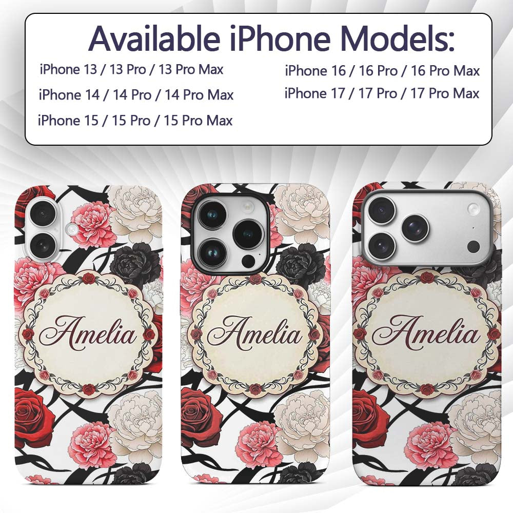 Grey Background Red Black White Roses Peonies Custom Name Protective Phone Case Mobile Cover Durable Everyday Smartphone Shock Resistant