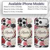 Grey Background Red Black White Roses Peonies Custom Name Protective Phone Case Mobile Cover Durable Everyday Smartphone Shock Resistant