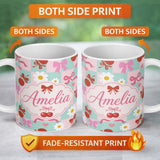 Personalized Custom Name Cute Cherry Bow Daisy Heart Seamless on Mint and Pink Gingham Lovely 11oz Ceramic Coffee Tea Mug White Large Handle