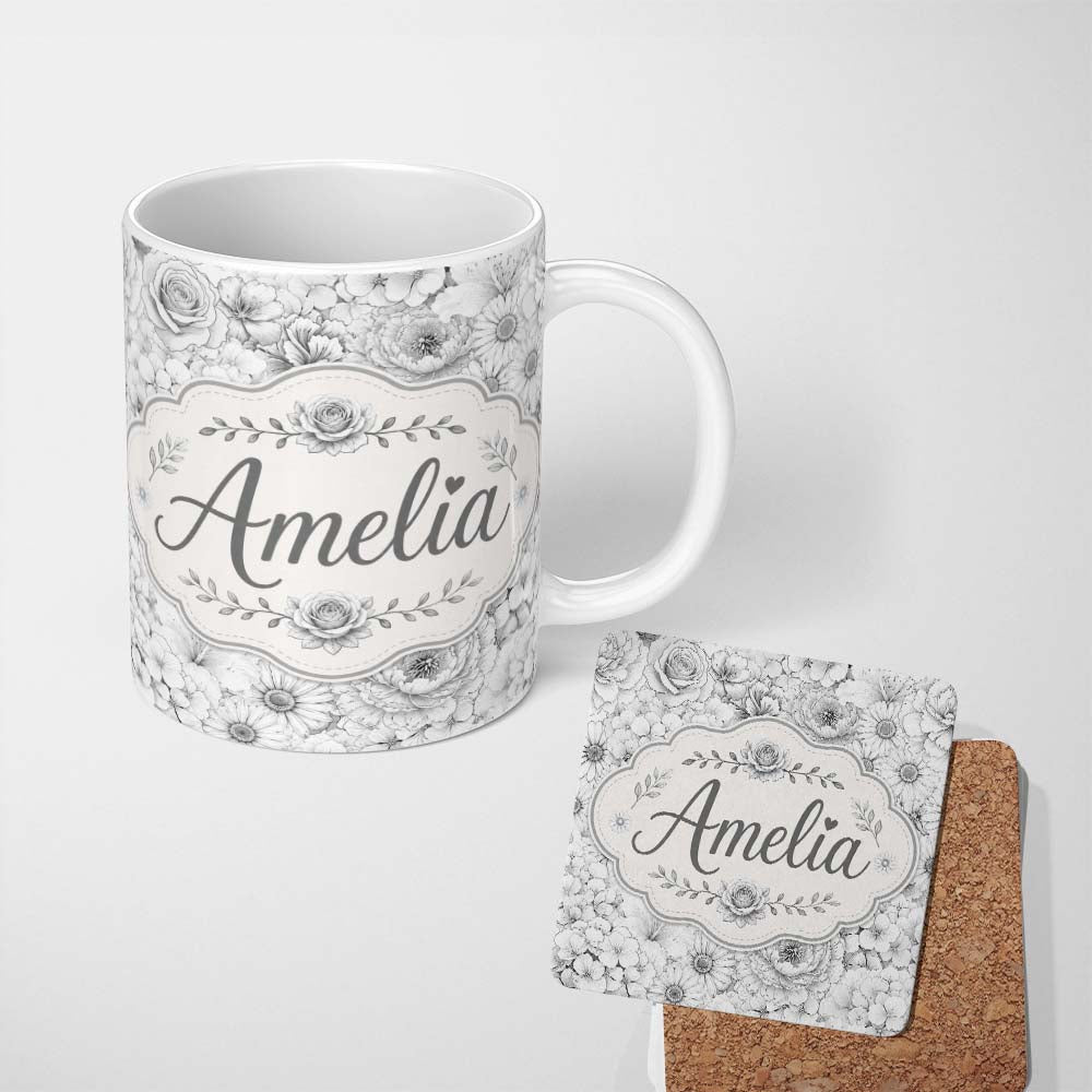 Personalized Custom Name Monochrome Floral Line Art Mixed Flowers Seamless Pattern Elegant 11oz Ceramic Coffee Tea Mug White Large Handle