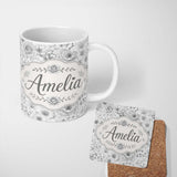 Personalized Custom Name Monochrome Floral Line Art Mixed Flowers Seamless Pattern Elegant 11oz Ceramic Coffee Tea Mug White Large Handle