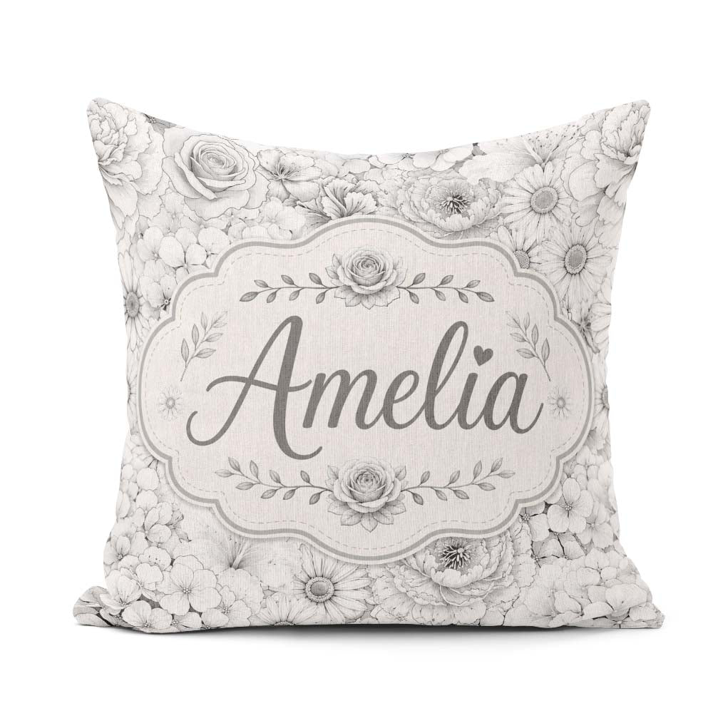 Custom Name Monochrome Floral Art Mixed Flowers Seamless Pattern Square Filled Cushion Throw Pillow Sofa Bed Home Decor Zip Washable UK Made