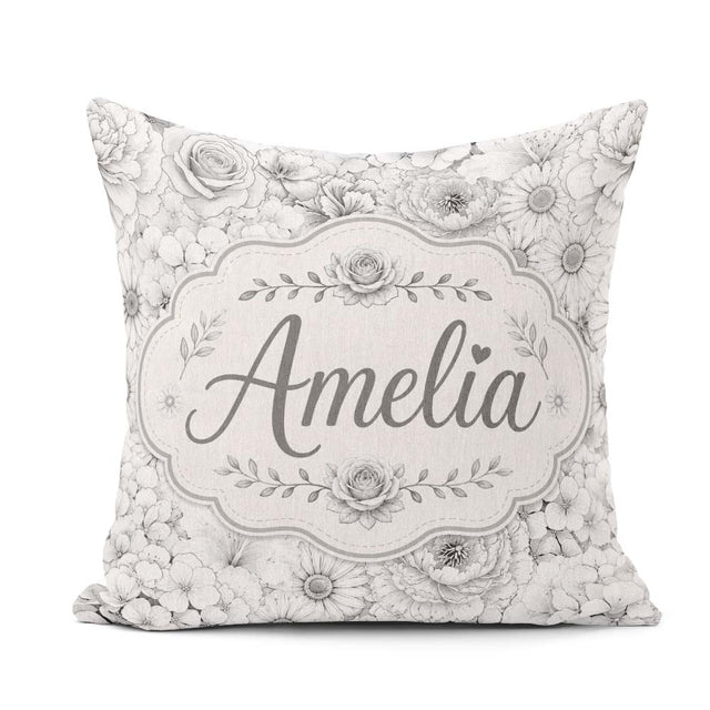 Custom Name Monochrome Floral Art Mixed Flowers Seamless Pattern Square Filled Cushion Throw Pillow Sofa Bed Home Decor Zip Washable UK Made