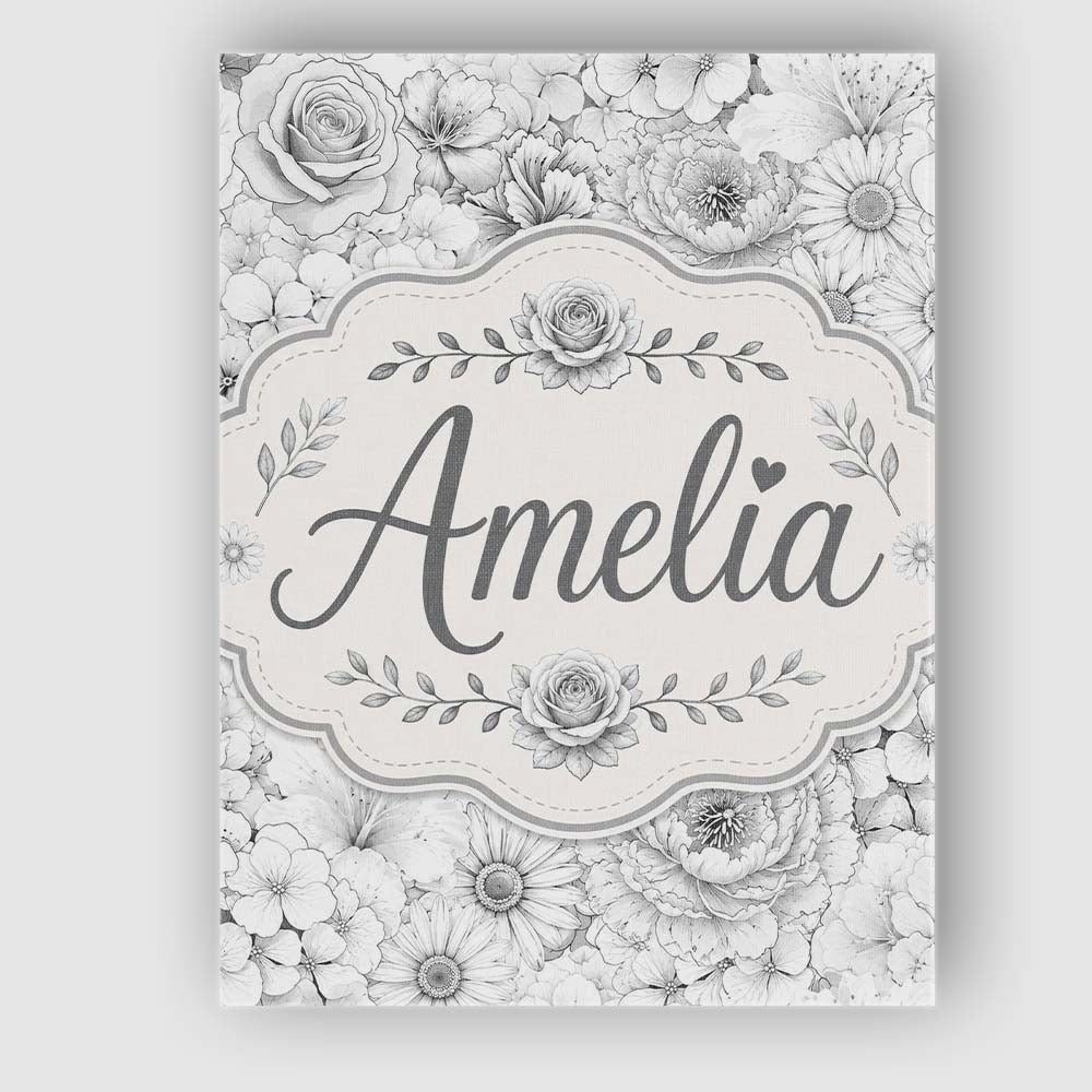 Personalised Name Monochrome Floral Line Custom  Unique Gift Idea Elegant Feature Canvas Wall Art Print Decor Picture Ready to Hang