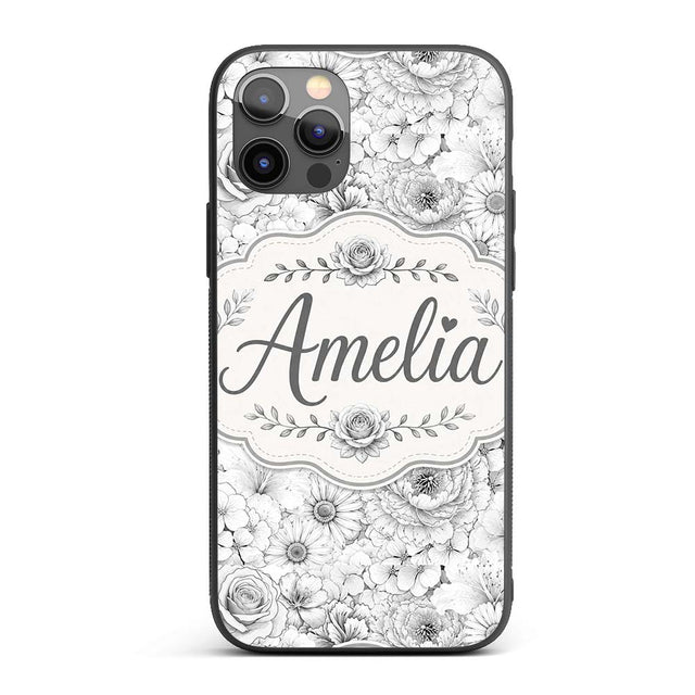 Monochrome Floral Line Art Mixed Flowers Seamless Custom Name Protective Phone Case Mobile Cover Durable Everyday Smartphone Shock Resistant