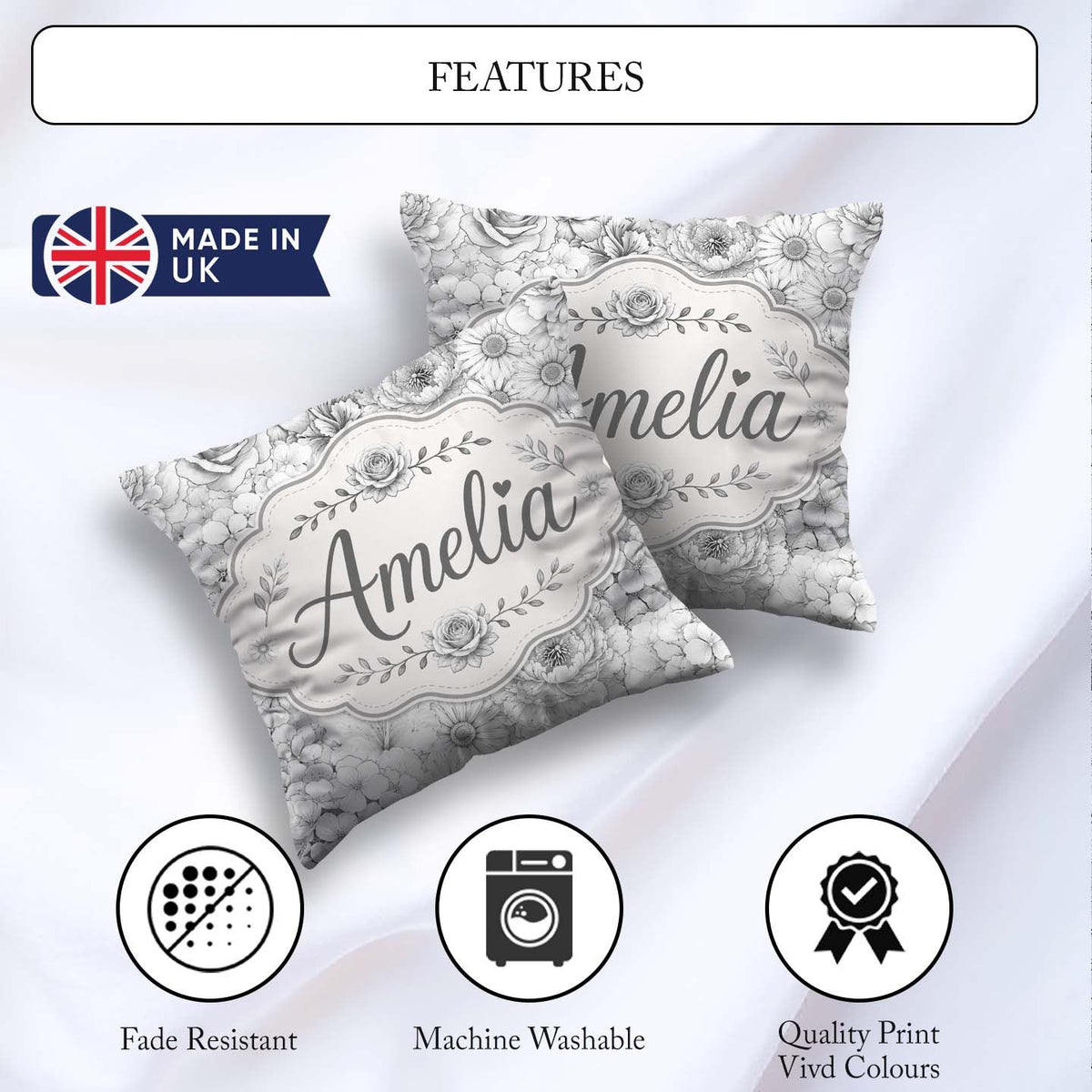 Custom Name Monochrome Floral Art Mixed Flowers Seamless Pattern Square Filled Cushion Throw Pillow Sofa Bed Home Decor Zip Washable UK Made