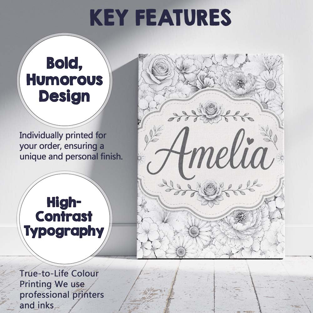 Personalised Name Monochrome Floral Line Custom  Unique Gift Idea Elegant Feature Canvas Wall Art Print Decor Picture Ready to Hang