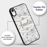 Monochrome Floral Line Art Mixed Flowers Seamless Custom Name Protective Phone Case Mobile Cover Durable Everyday Smartphone Shock Resistant