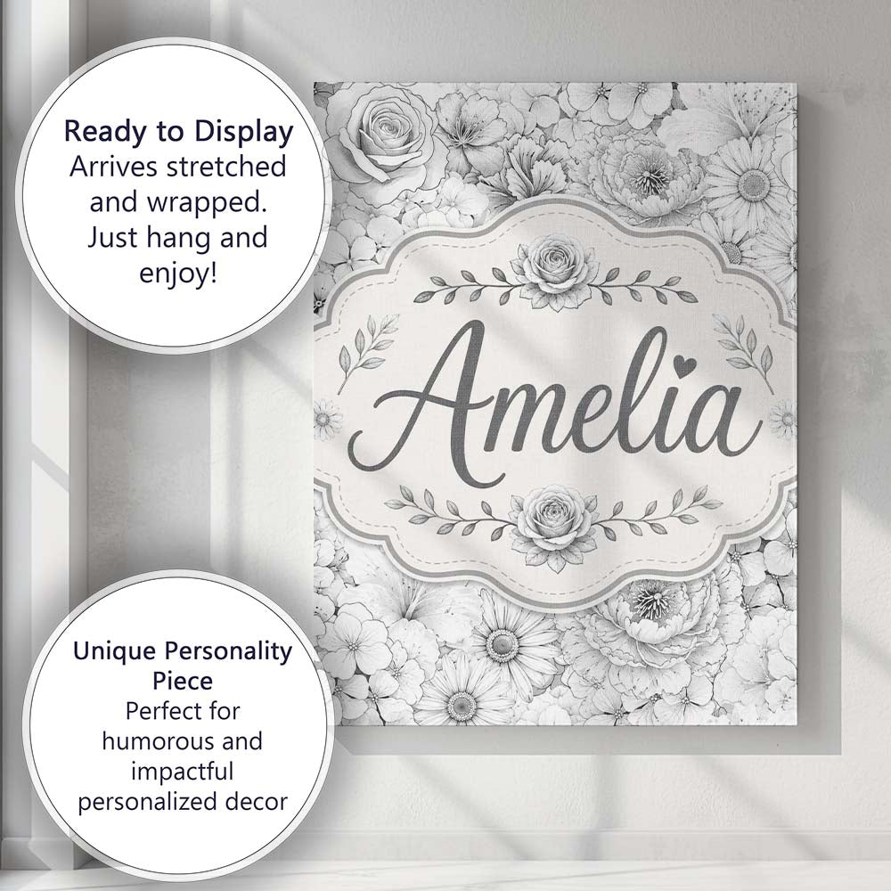 Personalised Name Monochrome Floral Line Custom  Unique Gift Idea Elegant Feature Canvas Wall Art Print Decor Picture Ready to Hang