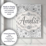 Personalised Name Monochrome Floral Line Custom  Unique Gift Idea Elegant Feature Canvas Wall Art Print Decor Picture Ready to Hang