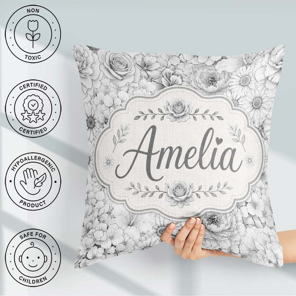 Custom Name Monochrome Floral Art Mixed Flowers Seamless Pattern Square Filled Cushion Throw Pillow Sofa Bed Home Decor Zip Washable UK Made