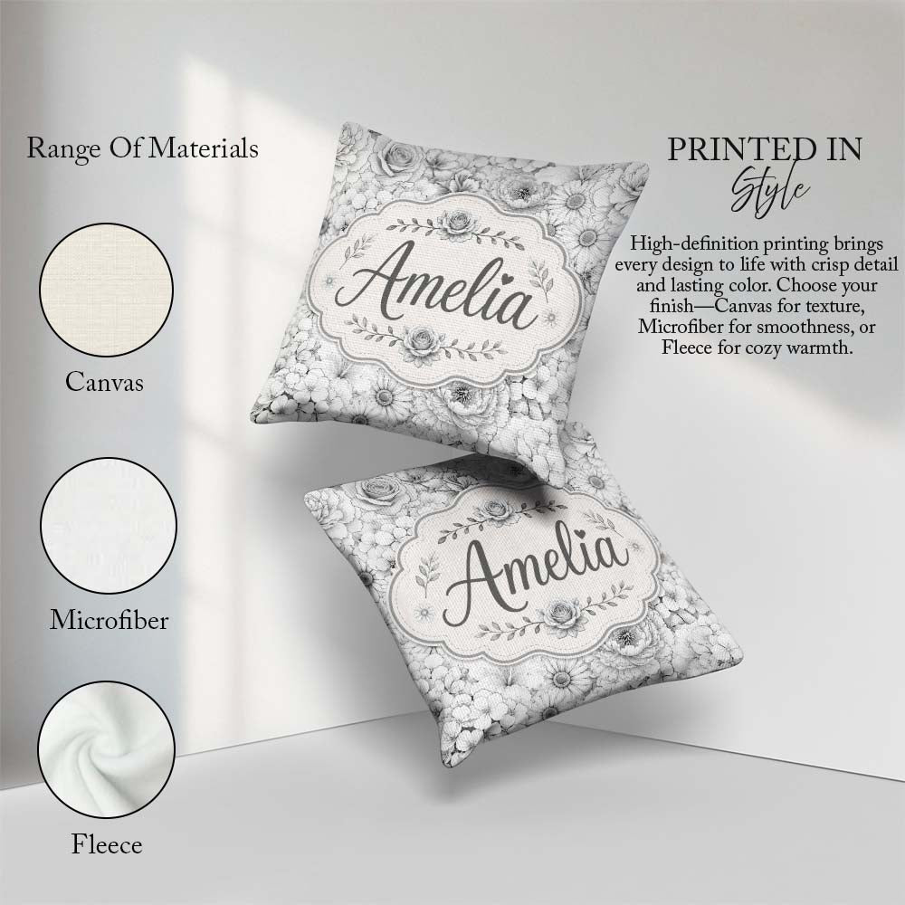 Custom Name Monochrome Floral Art Mixed Flowers Seamless Pattern Square Filled Cushion Throw Pillow Sofa Bed Home Decor Zip Washable UK Made