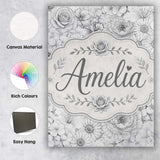 Personalised Name Monochrome Floral Line Custom  Unique Gift Idea Elegant Feature Canvas Wall Art Print Decor Picture Ready to Hang