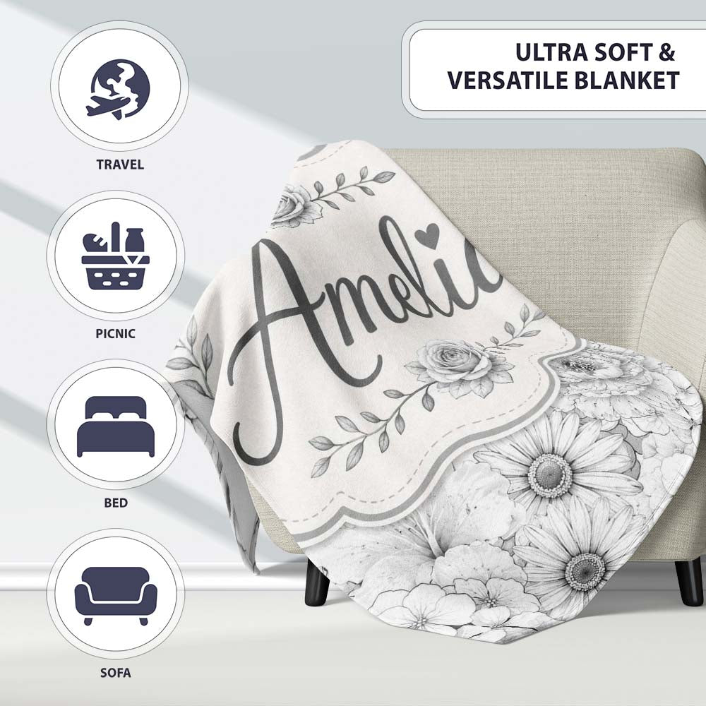 Monochrome Floral Line Art Mixed Flowers Seamless Pattern Elegant  Personalised Custom Name Super Soft Fleece Blanket Bed Sofa Throw