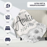 Monochrome Floral Line Art Mixed Flowers Seamless Pattern Elegant  Personalised Custom Name Super Soft Fleece Blanket Bed Sofa Throw