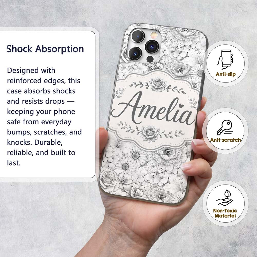 Monochrome Floral Line Art Mixed Flowers Seamless Custom Name Protective Phone Case Mobile Cover Durable Everyday Smartphone Shock Resistant