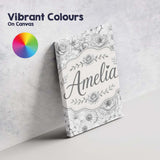 Personalised Name Monochrome Floral Line Custom  Unique Gift Idea Elegant Feature Canvas Wall Art Print Decor Picture Ready to Hang
