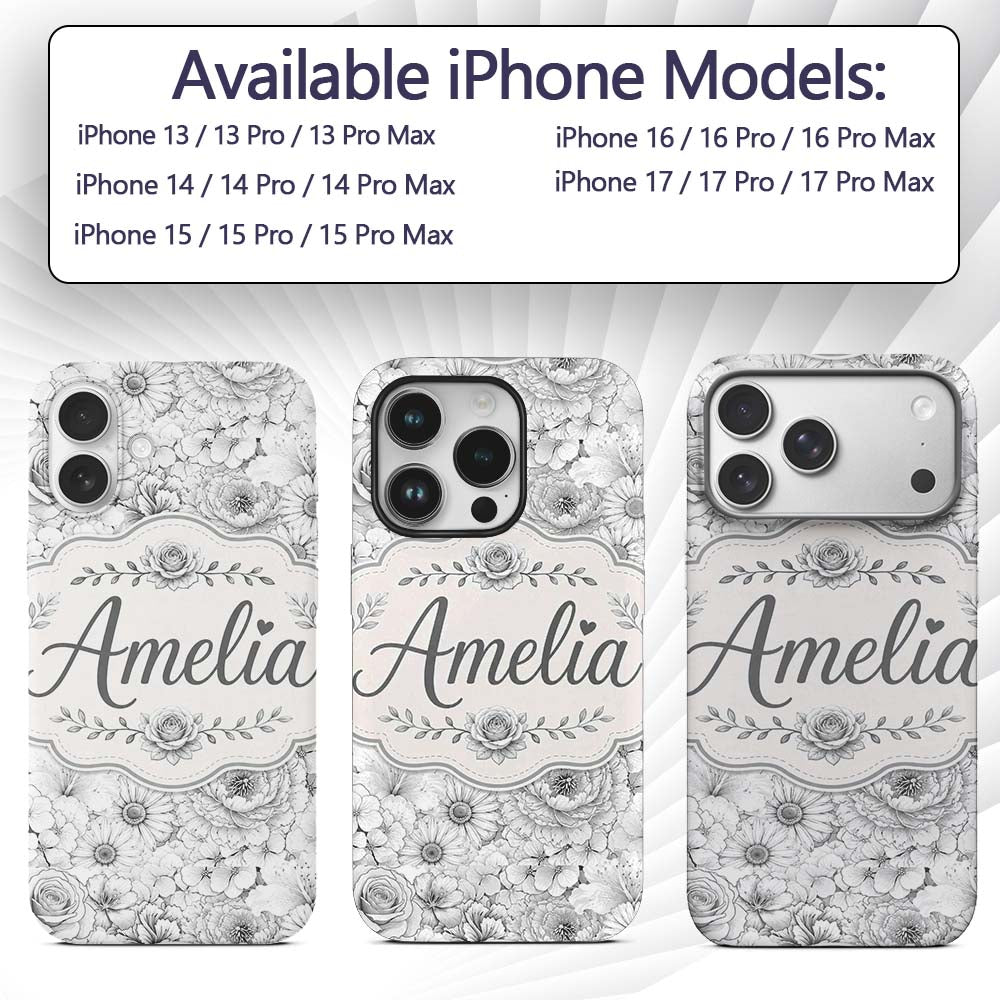 Monochrome Floral Line Art Mixed Flowers Seamless Custom Name Protective Phone Case Mobile Cover Durable Everyday Smartphone Shock Resistant