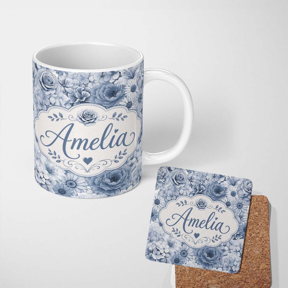 Personalized Custom Name Blue Tinted Monochrome Floral Line Art Seamless Pattern Elegant 11oz Ceramic Coffee Tea Mug White Large Handle