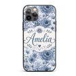 Blue Tinted Monochrome Floral Line Art Seamless Custom Name Protective Phone Case Mobile Cover Durable Everyday Smartphone Shock Resistant