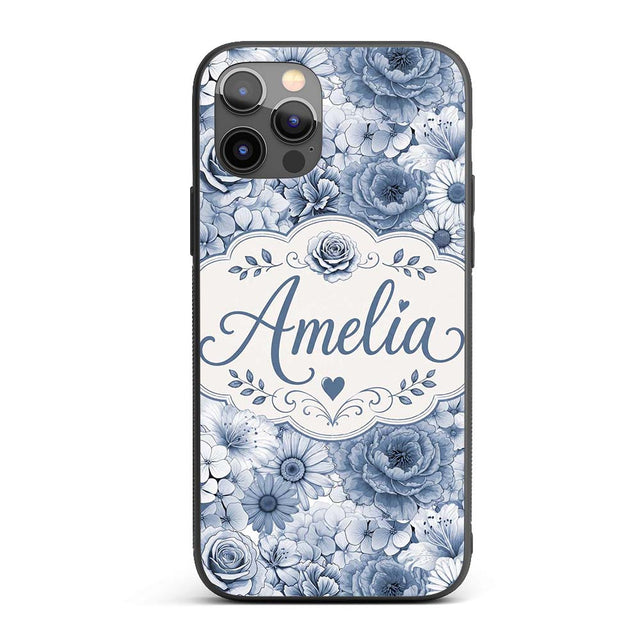Blue Tinted Monochrome Floral Line Art Seamless Custom Name Protective Phone Case Mobile Cover Durable Everyday Smartphone Shock Resistant