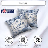 Custom Name Blue Tinted Floral Line Art Seamless Pattern Elegant Square Filled Cushion Throw Pillow Sofa Bed Home Decor Zip Washable UK Made