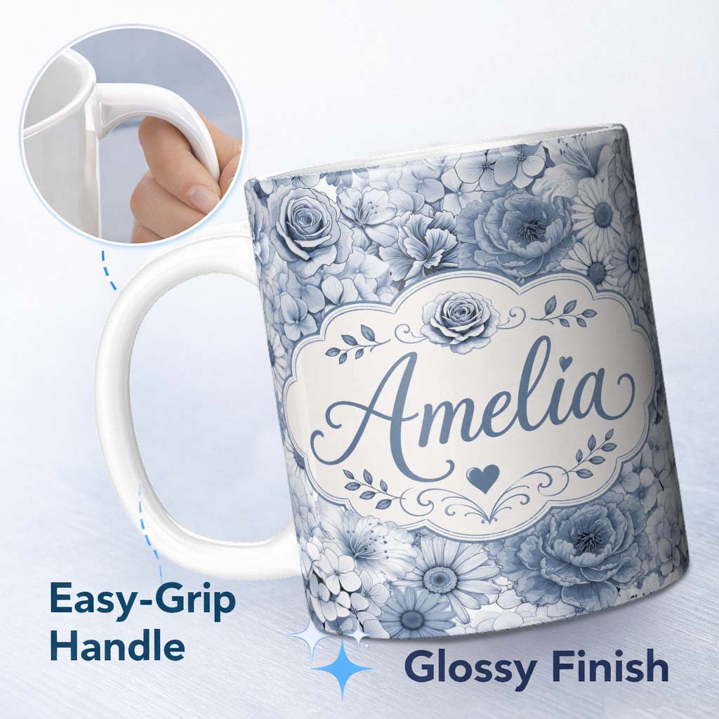 Personalized Custom Name Blue Tinted Monochrome Floral Line Art Seamless Pattern Elegant 11oz Ceramic Coffee Tea Mug White Large Handle