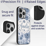 Blue Tinted Monochrome Floral Line Art Seamless Custom Name Protective Phone Case Mobile Cover Durable Everyday Smartphone Shock Resistant
