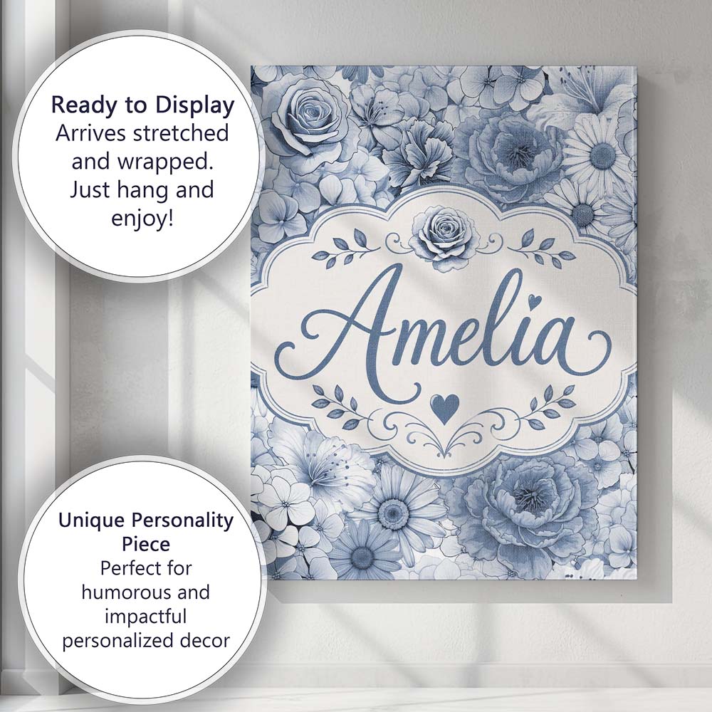 Personalised Name Blue Tinted Monochrome Custom  Unique Gift Idea Elegant Feature Canvas Wall Art Print Decor Picture Ready to Hang
