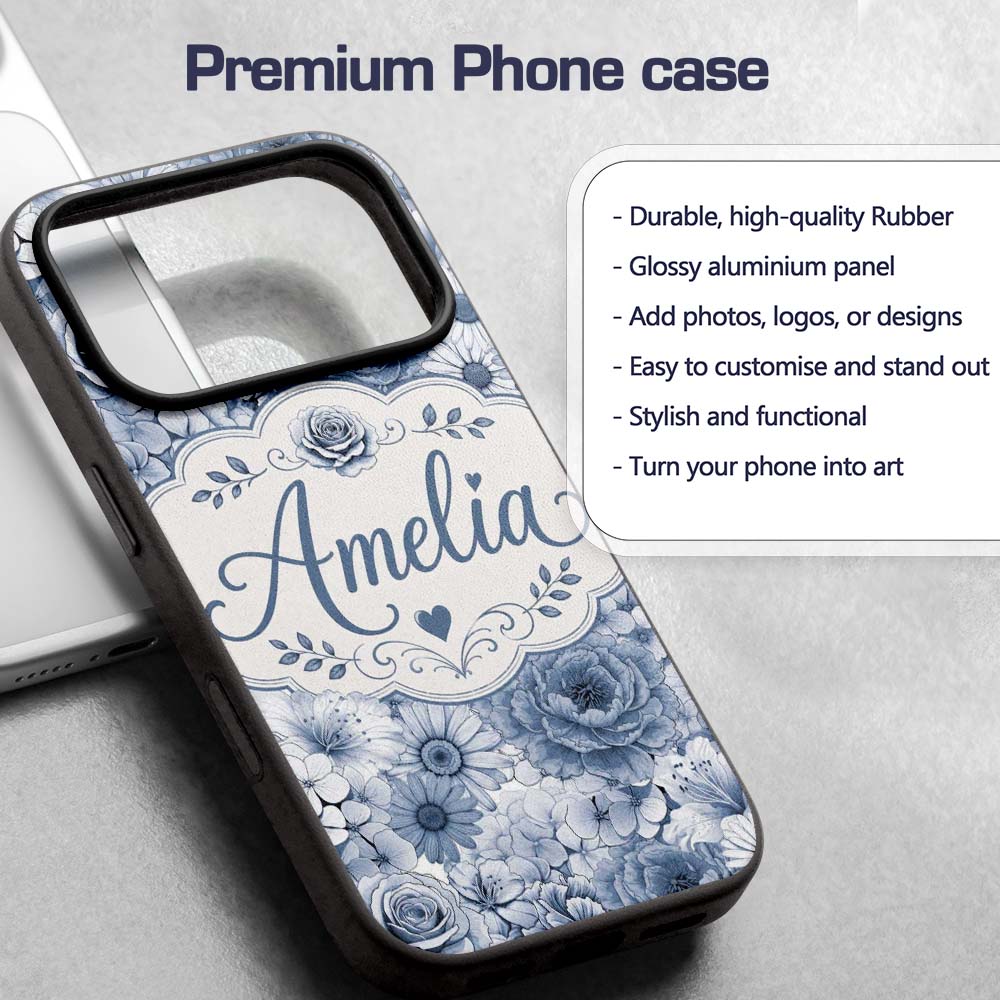 Blue Tinted Monochrome Floral Line Art Seamless Custom Name Protective Phone Case Mobile Cover Durable Everyday Smartphone Shock Resistant