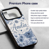 Blue Tinted Monochrome Floral Line Art Seamless Custom Name Protective Phone Case Mobile Cover Durable Everyday Smartphone Shock Resistant