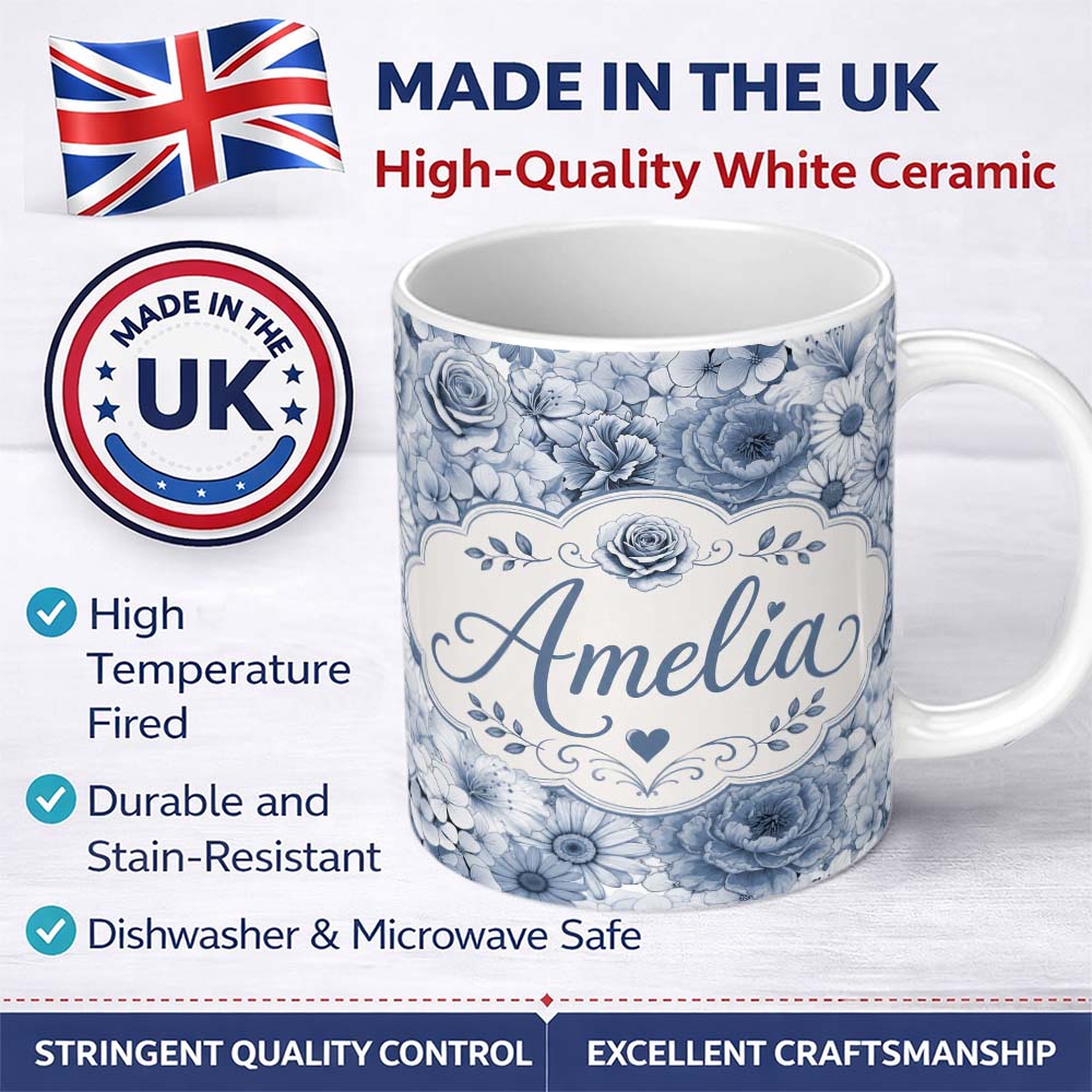 Personalized Custom Name Blue Tinted Monochrome Floral Line Art Seamless Pattern Elegant 11oz Ceramic Coffee Tea Mug White Large Handle