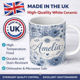 Personalized Custom Name Blue Tinted Monochrome Floral Line Art Seamless Pattern Elegant 11oz Ceramic Coffee Tea Mug White Large Handle