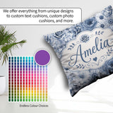 Custom Name Blue Tinted Floral Line Art Seamless Pattern Elegant Square Filled Cushion Throw Pillow Sofa Bed Home Decor Zip Washable UK Made