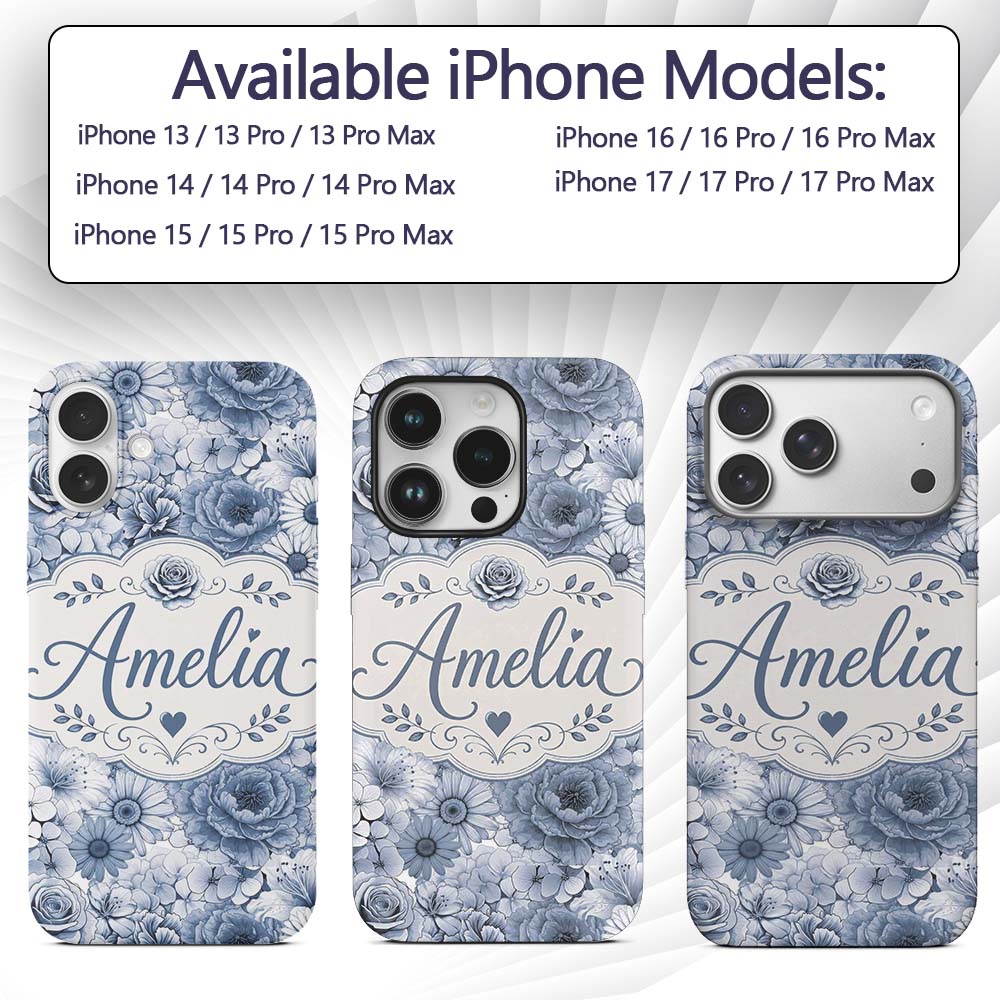 Blue Tinted Monochrome Floral Line Art Seamless Custom Name Protective Phone Case Mobile Cover Durable Everyday Smartphone Shock Resistant