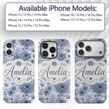 Blue Tinted Monochrome Floral Line Art Seamless Custom Name Protective Phone Case Mobile Cover Durable Everyday Smartphone Shock Resistant