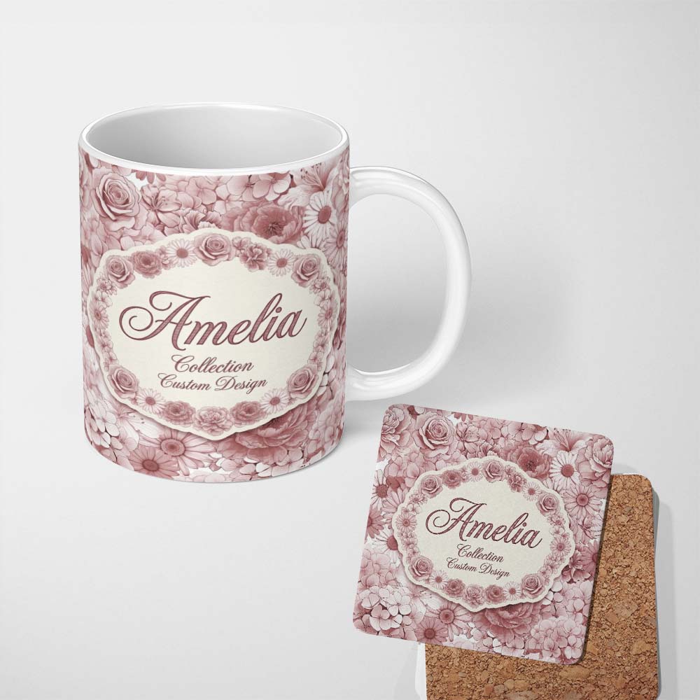 Personalized Custom Name Vintage Monochrome Floral Roses Peonies and Daisies Seamless 11oz Ceramic Coffee Tea Mug White Large Handle