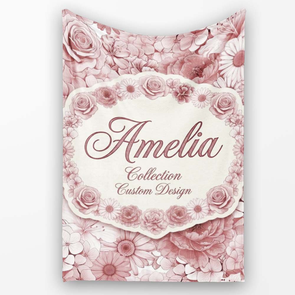 Vintage Monochrome Floral Roses Peonies and Daisies Seamless  Personalised Custom Name Super Soft Fleece Blanket Bed Sofa Throw